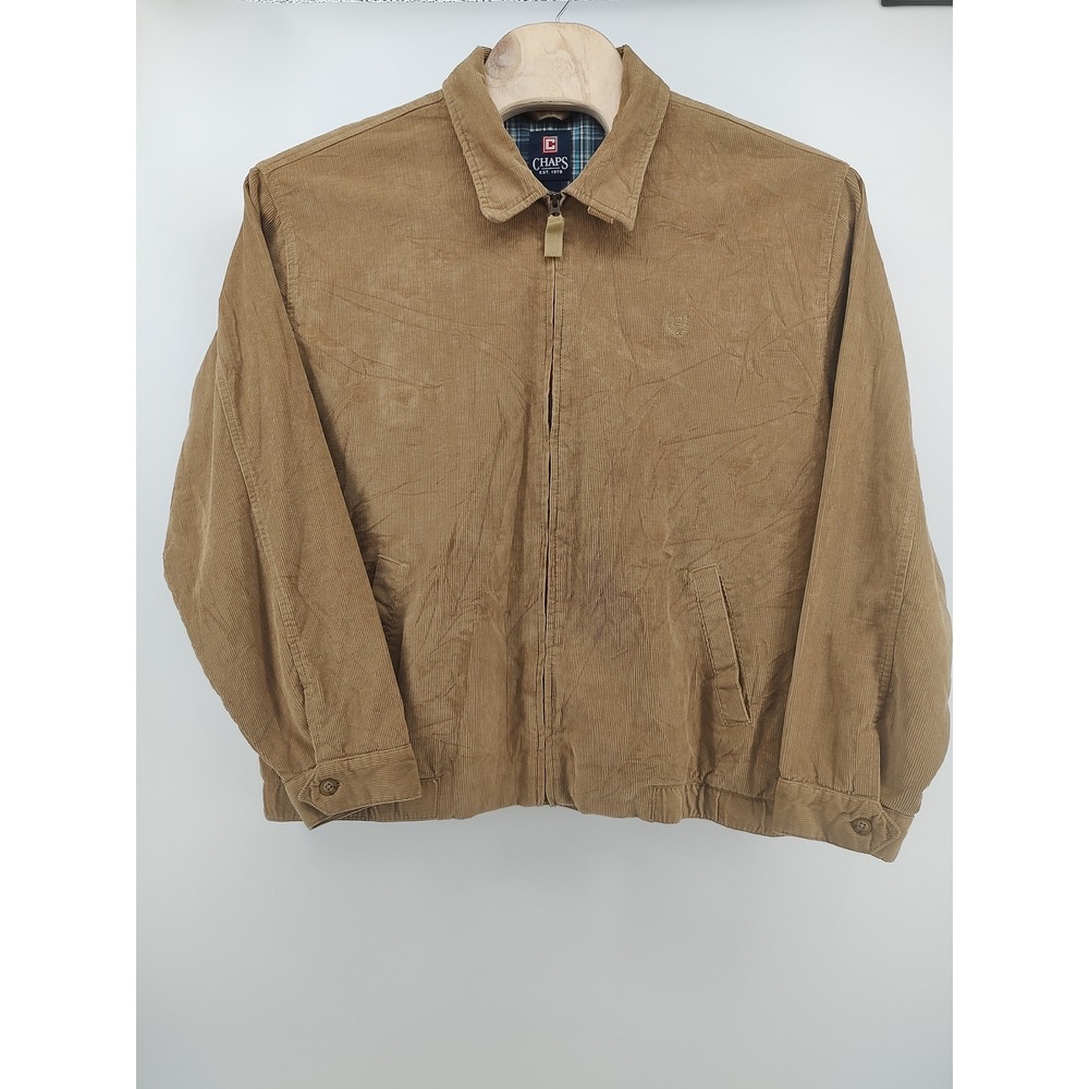 Chaps Corduroy Jacket Mens XL Tan Good Plaid Lined Harrington Full Zip